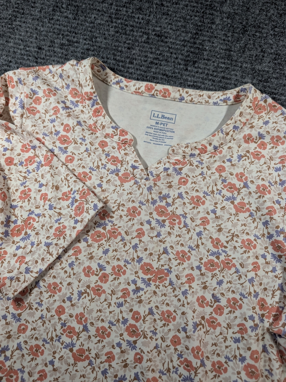 L.L.Bean Women's Supima Cotton Floral Split Neck Short Sleeve Top Size Medium